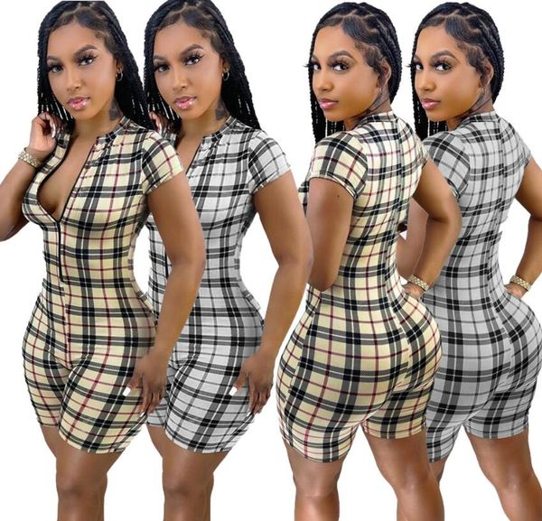 

women's jumpsuits 2023 summer plaid print slim high elastic zipper short sleeve jumpsuit, Black;white