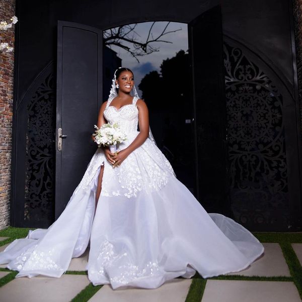 

elegant ball gown wedding dresses v neck sleeveless straps sequins appliques diamonds beaded floor length ruffles side slit bridal gowns plu, White