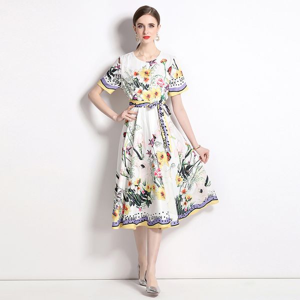 

elegant plant floral printed midi dress women 2023 summer short sleeve sashes bow casual resort dresses round neck runway designer fashion l, Black;gray