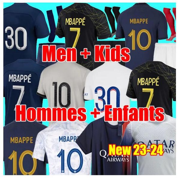 

player 30 10 mbappe 7 soccer jerseys hakimi sergio ramos sanches french psgs 22 23 24 maillots football shirt 2023 2024 men kids kit sets un, Black;yellow