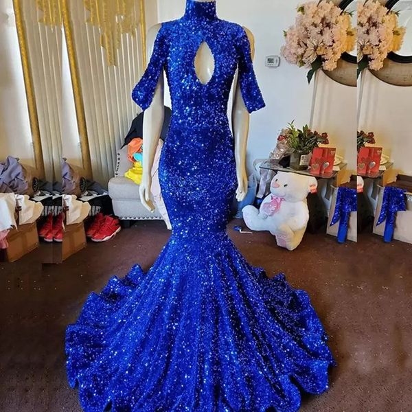

2023 glitter high collar royal blue sequined evening dress keyhole off the shoulder formal gown sweep train mermaid prom dresses, Black;red
