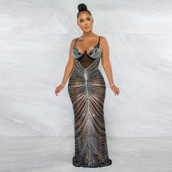 

casual dresses felyn 2021 novelty chic design dress solid diamond spaghetti strap night party maxi dress vestidos z0216, Black;gray