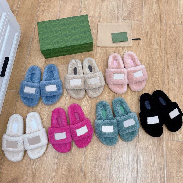 

women furry slide sandal designer slippers faux fur slipper shearling letter embroidery letters fashion luxury flat mules wool slides treade, Black