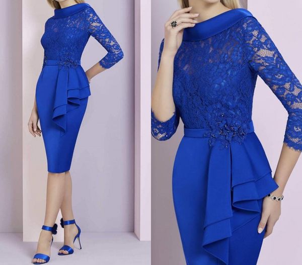 

royal blue mother of the bride dresses sheath long sleeves lace beaded knee length wedding groom party gowns 2023 elegant, Black;red