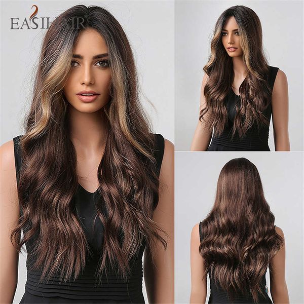 

synthetic wigs easihair long wavy lace front synthetic wig ombre brown blonde natural hair for women cosplay frontal high density 230227, Black