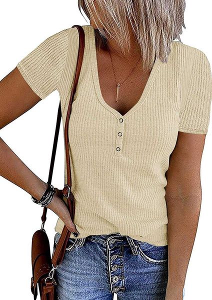 

women's knit 2023 short sleeve button v neck ribbed shirts summer solid color casual teef177, White