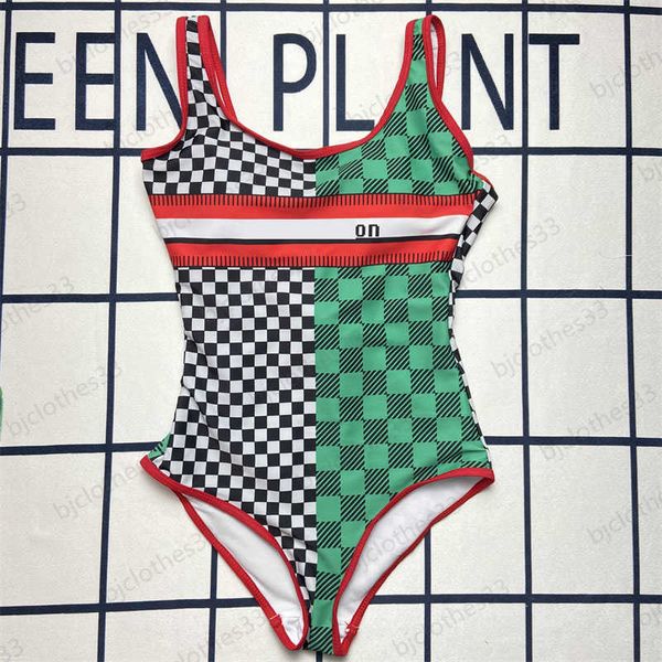 

designer swimwear classic checkerboard stripe print crewneck slim fit girl swimsuit chest pad design resort style bathing suit tankinis swim, Black