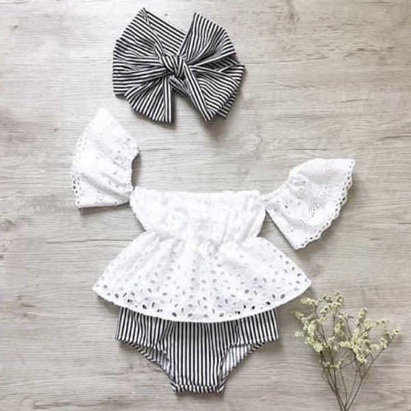 

clothing sets summer pieces newborn kids baby girls clothes set lace hollow out short sleeve striped shortsheadbands outfits clothing p, White