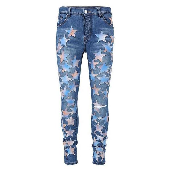 

jeans mens am1r1 trousers pants mirri ripped fashion designer brand new blue knee patch embroidery men's trendy men hip hop high street