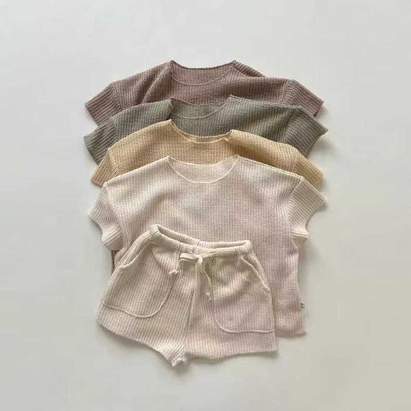 

clothing sets 2pcs summer boys girls clothing sets solid color soft loose short sleeve drawstring shorts waffle outfits children knitted sui, White