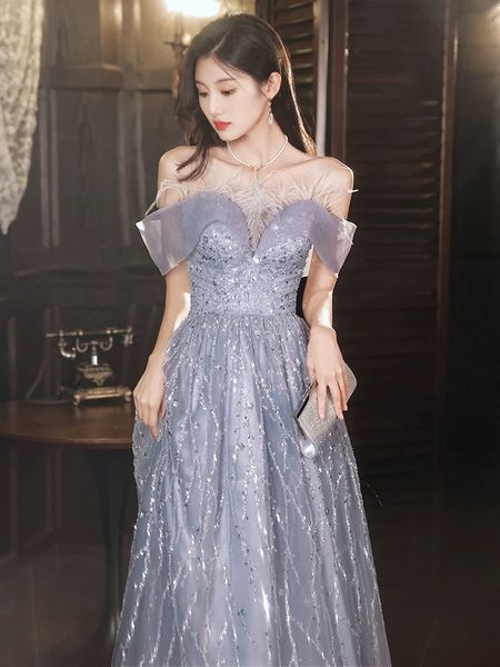 

graceful grey prom dress luxury sequined beading lace feather boat neck a-line off shoulder women graduation formal party gown, Black