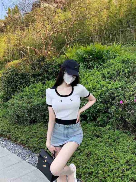 

women's t-shirt designer 23 summer new short-sleeved small fragrant contrast letter embroidery temperament fashion slim waist short kni, White