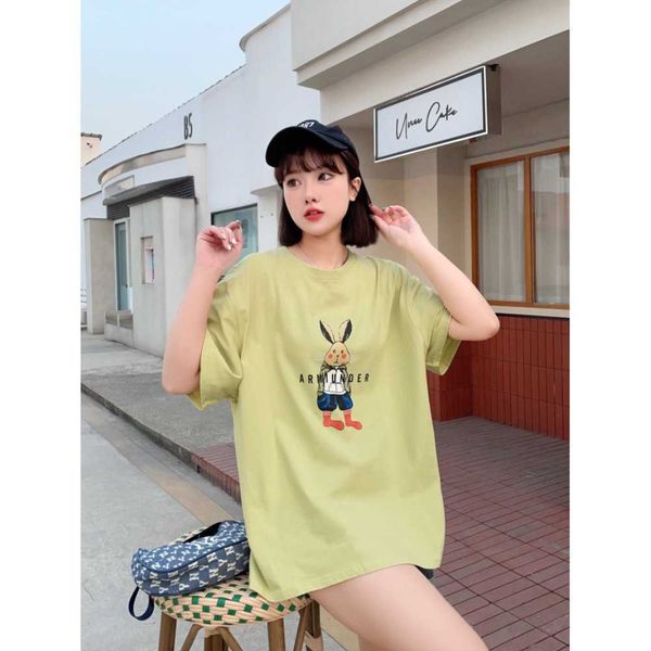 

women cotton blouse cartoon rabbit printing short-sleeved t-shirt summer loose round neck aefo, White