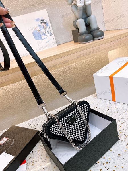 

embellished satin and leather mini pouch women crystals crossbody bag triangle logo purse wallet detachable chain handle strap designer clut