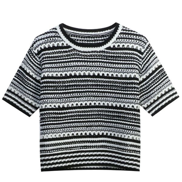 

306 xl 2023 spring summer women sweater short sleeve crew neck pullover brand same style striped black red womens mingmo, White;black