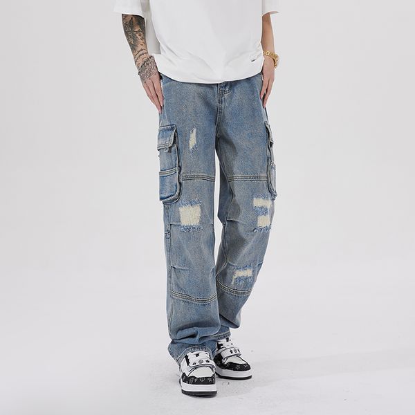 

cargo pants hole distressed washed blue jeans men straight streetwear baggy casual denim trousers, Black;brown