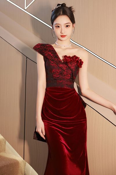 

burgundy prom dresses woman flower print velour jacquard mermaid one shoulder zipper vintage banquet female evening gowns, Black