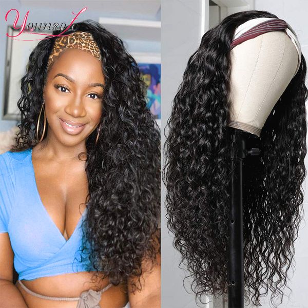 

lace wigs younsolo headband human hair brazilian water wave black women curly highlight glueless 230314, Black;brown