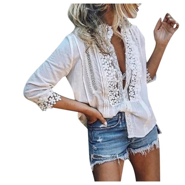

blouses summer half womens and v neck lace crochet ladies solid blusas s-5xlwomen's, White
