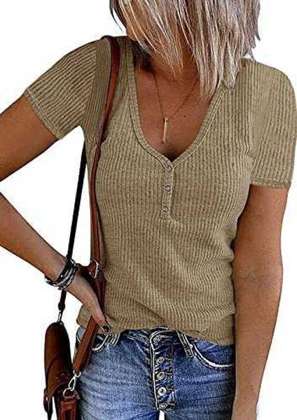 

women's knit 2023 short sleeve button v neck ribbed shirts summer solid color casual tee17oj, White