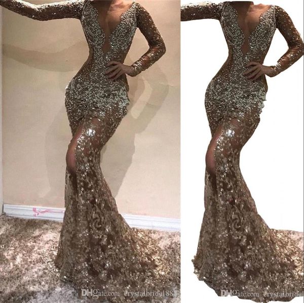 

2023 prom dresses bling mermaid illusion keyhole v neck lace crystal beaded open back split sweep train plus size party 7484658, Black