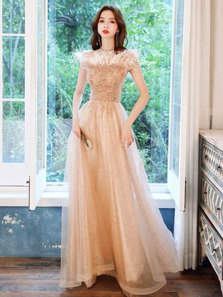 

champagne sequined prom dresses off shoulder boat neck feathers shiny lace a line beading long elegant women formal party gowns, Black