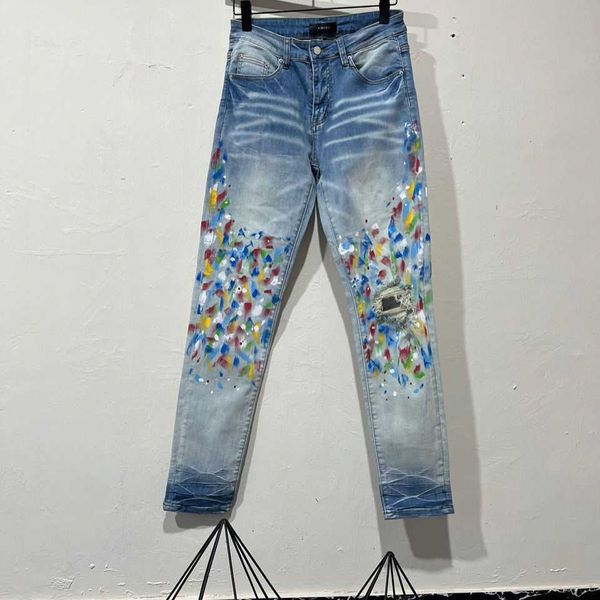 

jeans mens am1r1 trousers pants mirri ripped fashion designer brand new color men's high street elastic slim hip hop leisure cool niche, Blue
