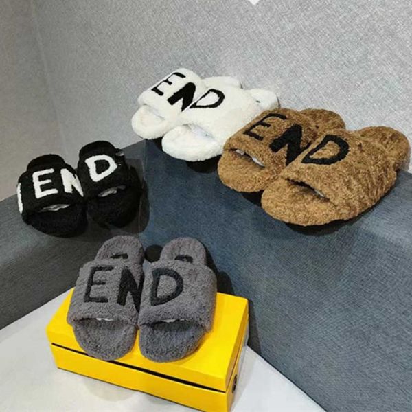 

box packing women furry slippers fluffy faux fur slipper slides luxury brand designer men shoes warm indoor flip flops fd italy fashion anti, Black