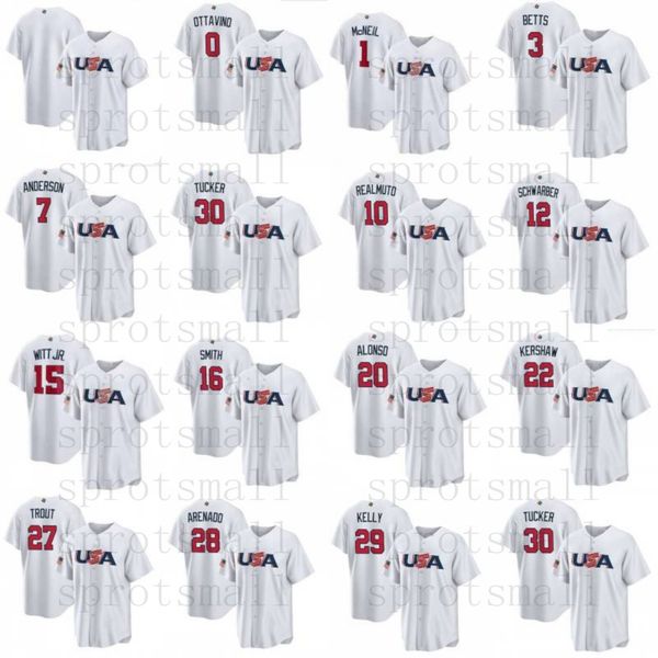 

2023 world baseball classic wbc team usa jerseys trout mcneil ottavino betts anderson turner realmuto schwarber smith alonso kershaw arenado, Blue;black