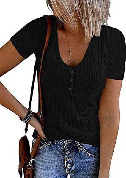 

women's knit 2023 short sleeve button v neck ribbed shirts summer solid color casual teeqvhx, White