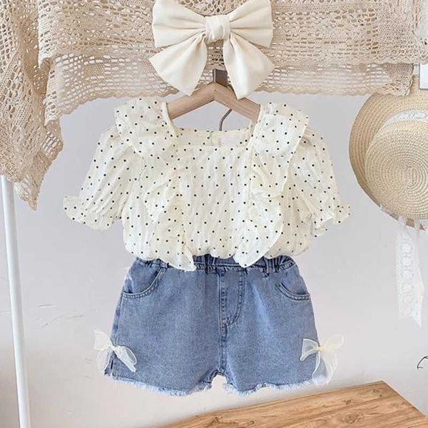 

clothing sets summer new girls clothing sets cute dots ruffle ace bow denim shorts toddler baby clothes suit girls fashion kids outfit p, White