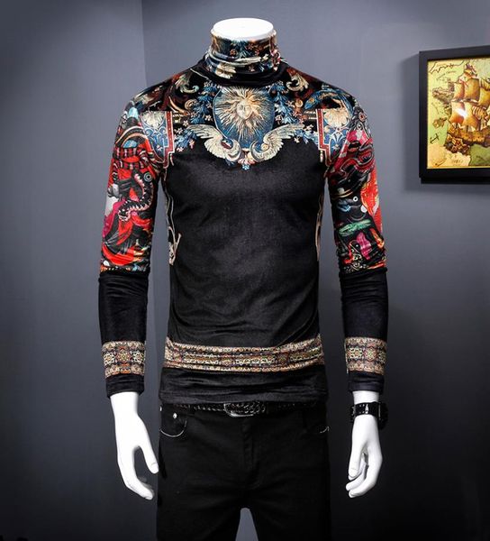 

new autumn and winter men039s gold velvet longsleeved tshirt korean version slim high neck embroidery printed warm botto9717578, White;black