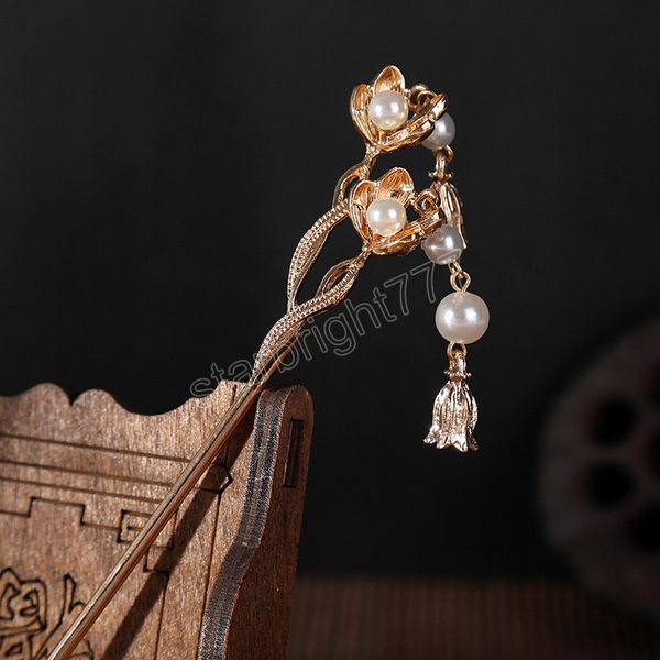 

chinese style hair chopsticks metal flower hair stick women tassel pearl flower headpiece hairpin hair jewelry accessories, Slivery;white
