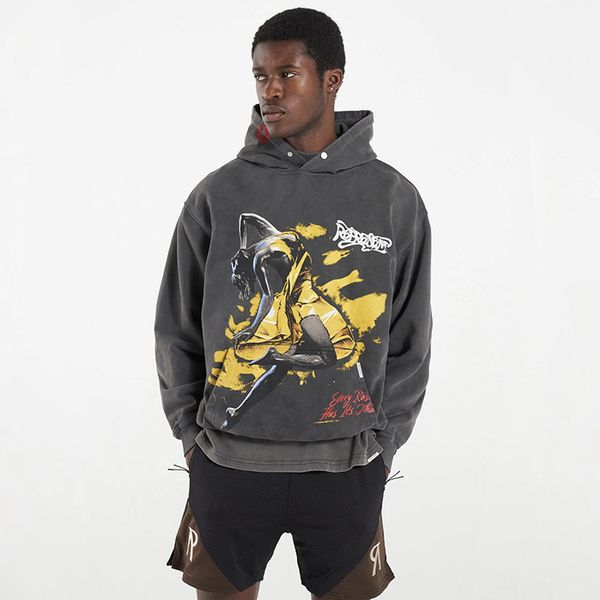 

high street brand rep hoodie gold girl red lip print vintage washed men printed hooded thickened cotton sweater fashion men's pullover, Black