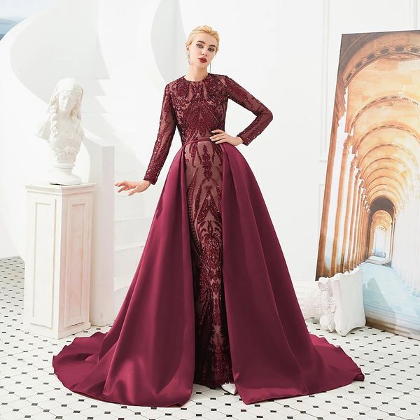 

luxurious mermaid arabic evening dress with overskirt jewel neck long sleeve satin sequin prom formal gowns robe de soiree 2023 vestidos fea, Black;red