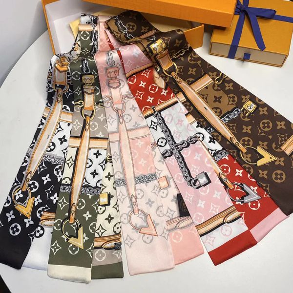 

designer letters print floral silk scarf headband for women fashion long handle bag scarves paris shoulder tote luggage ribbon head wraps 11, Blue;gray