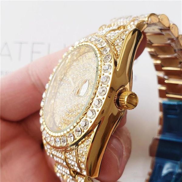 

business mens diamond watch male designer watches round full diamond ring watch roman numeral hour mark iced out watch day date261i, Slivery;brown