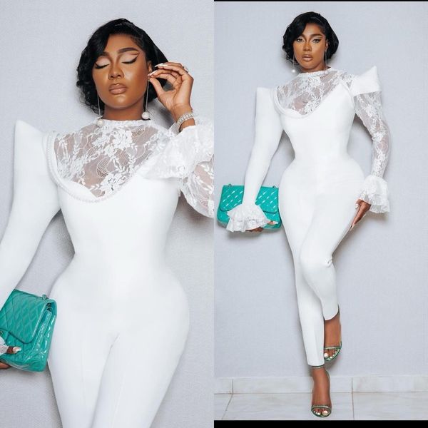 

elegant jumpsuits wedding dresses lace bridal gowns long sleeve african vestidos robes de soiree for bride party, White