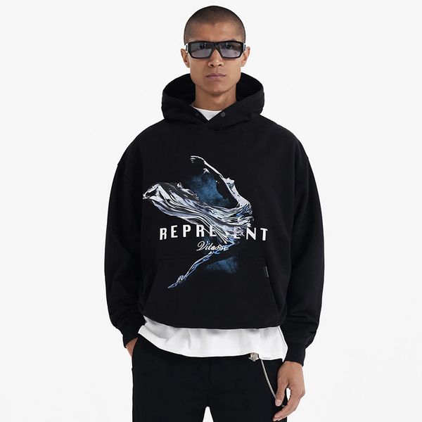 

high street brand rep hoodie abstract dancer girl hoodie print vintage washed men printed hooded thickened cotton sweater fashion men's, Black