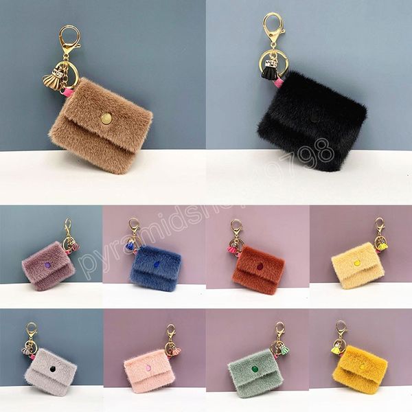 

women's candy color mini plush coin bags money wallet purse candy color key ring chain holder pendant data cable organizer, White
