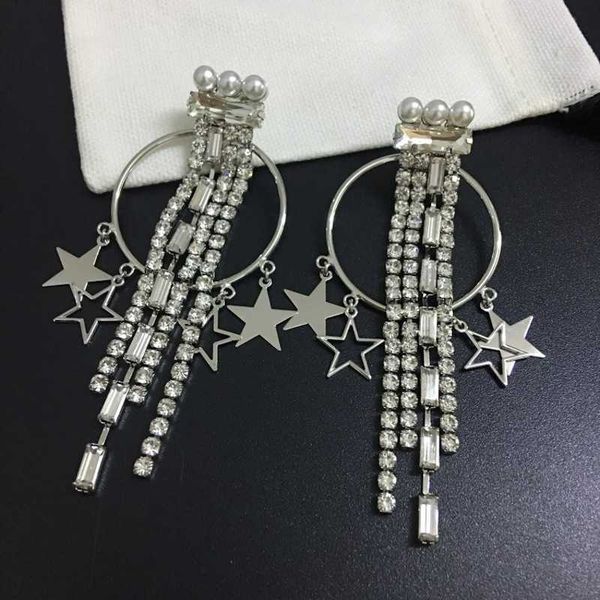 

european and american temperament retro pentagram tassel crystal hundred earrings pin earrings, Golden