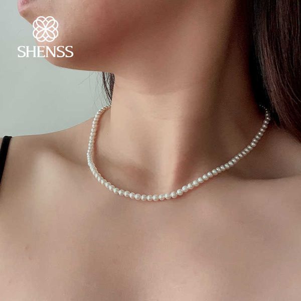

chokers elegant 4mm shell pearl necklace 40-60cm size 925 sterling silver tail chain for women classic jewelry brilliant light y2303, Golden;silver
