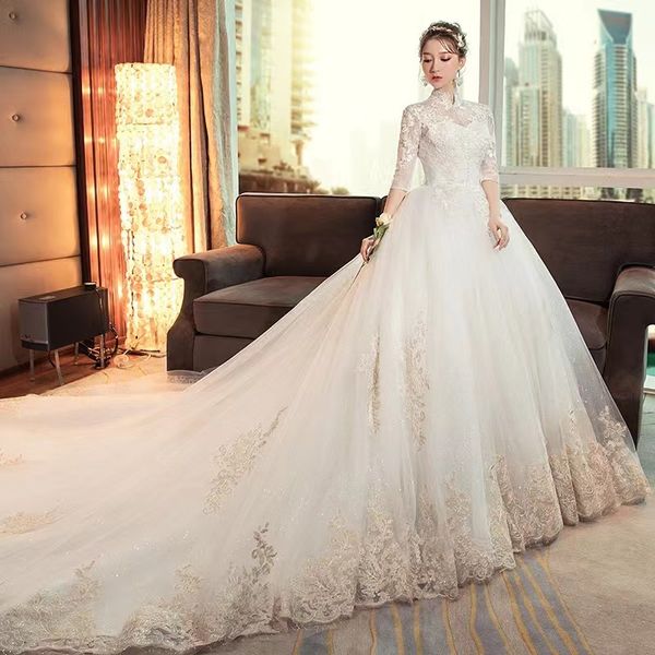 

ball gown wed dress for bride long sparkly crystal lace luxury with tulle cathedral train bridal gowns gothic wedding dress plus size boho b, White