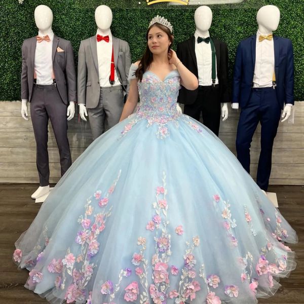 

2023 light sky blue quinceanera dresses with 3d floral lace applique off the shoulder straps beaded corset back sweet 16 party prom ball eve, Blue;red
