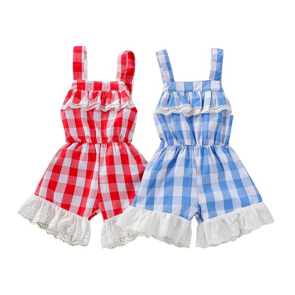 

rompers citgeett summer infant baby girls plaid print short romper lace hem sleeveless elastic waist sling jumpsuit clothes l230314, Blue
