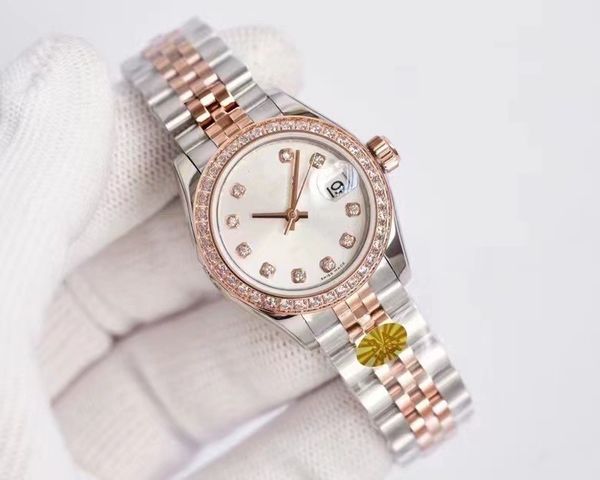 

original packaging automatic watch new 18k gold watch band diamond ring 28mm dial automatic fashion women's automatic watch, Slivery;brown