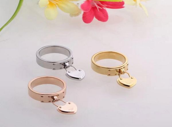 

europe america fashion lady women titanium steel engraved letter 18k gold plated heart pendant rivets ring rings 3 color size us66033885, Slivery;golden