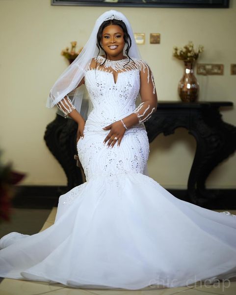 

2023 arabic aso ebi white mermaid wedding dresses sequined lace long sleeves tulle bridal gowns dresses zj2011