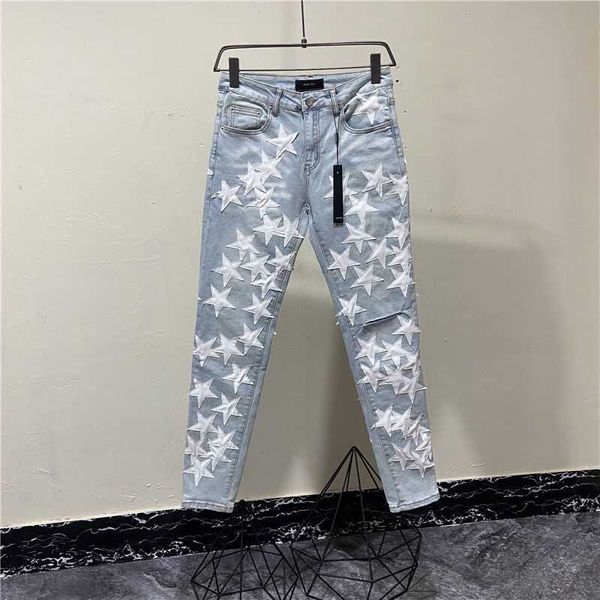 

jeans mens am1r1 trousers pants mirri ripped fashion designer brand new high street color knife hole men's star patchwork patch slim hi, Blue