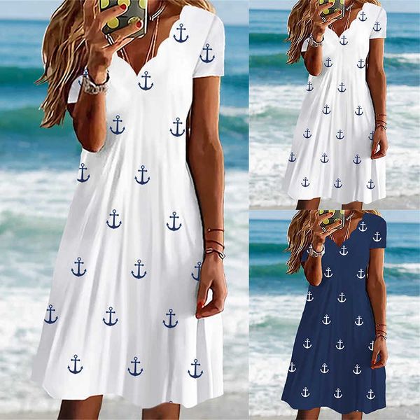 

in summer 2023 printed slim short sleeve wavy neck dress, Black;gray